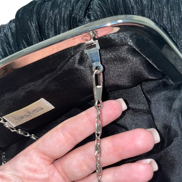 NEIMAN MARCUS Vintage Ruched Silk Black Clutch Bag Silver Frame with Crystals - Picture 6 of 15